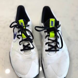 Mens Nike Size 11 Tennis Shoes White, Black with Bright yellow & purple accents